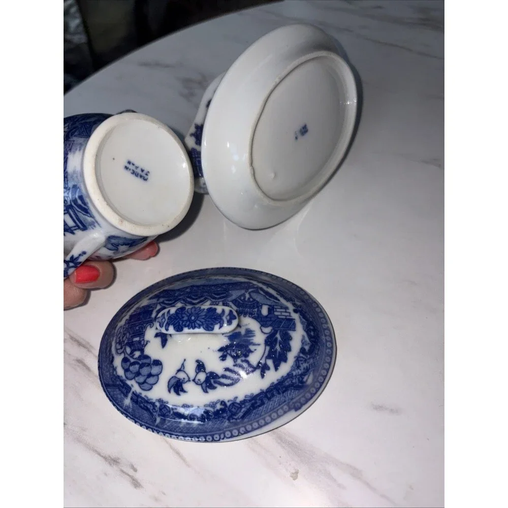 Japanese Child's Set Small Serving Pieces Blue White Ceramic
